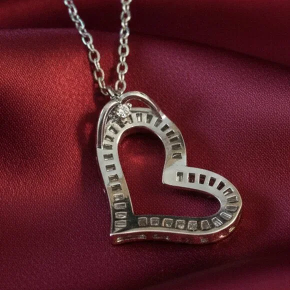 Open Heart Simulated Baguette Moissanite Silver Pendant Necklace NWOT - Picture 5 of 9